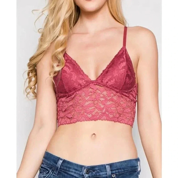 Free People Women's Dark Pink Brami Lace Bralette Cropped Top Small - Picture 1 of 5